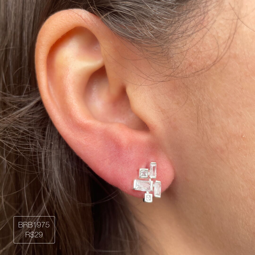 Brinco 3 Baguetes + 2 Carrés Cristal Prateado